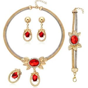 5PCS Red Crystal Jewelry Set Necklace Earrings Rings Bracelet High